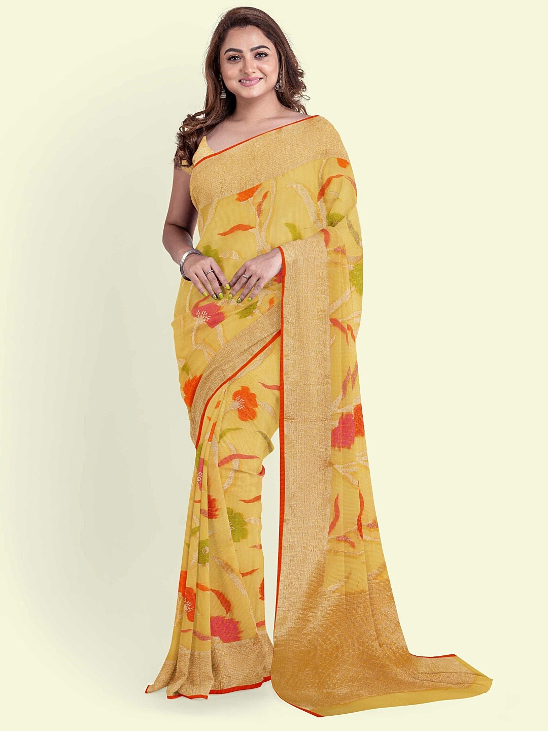 

PTIEPL Banarasi Silk Works Floral Woven Design Zari Banarasi Saree, Yellow