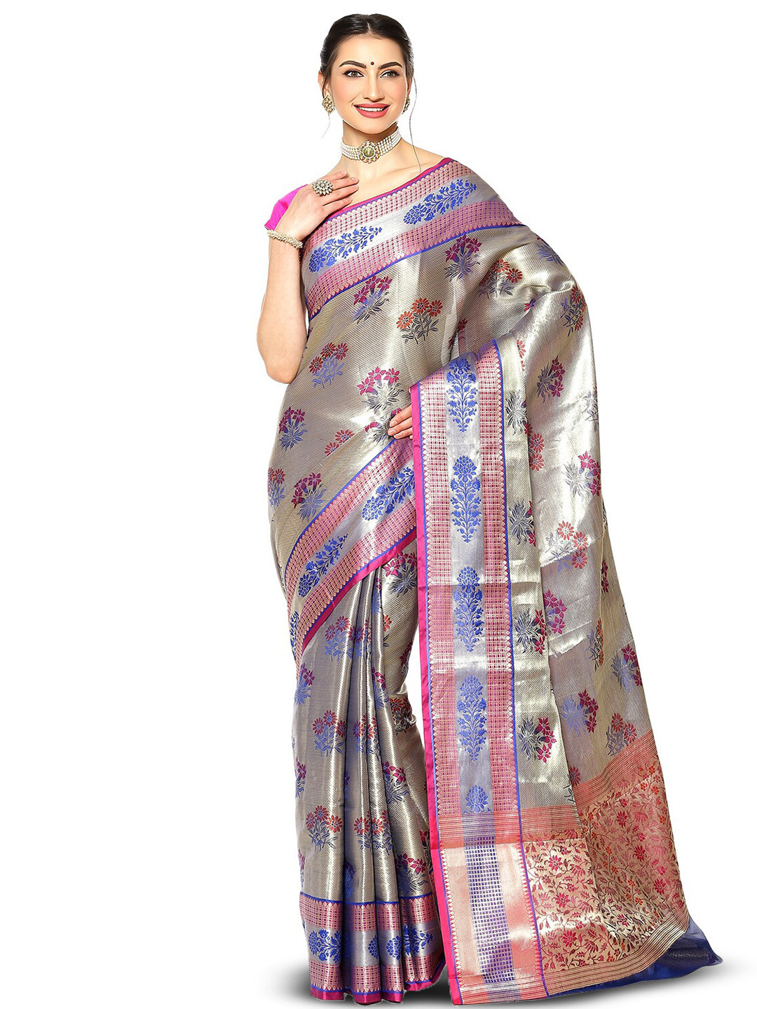 

PTIEPL Banarasi Silk Works Floral Woven Design Zari Banarasi Saree, Pink