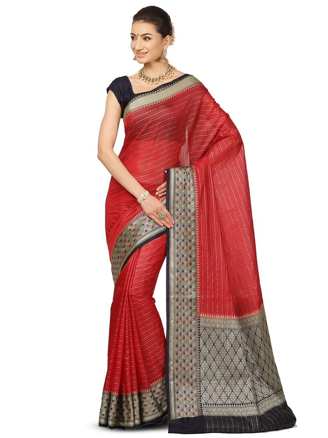 

PTIEPL Banarasi Silk Works Striped Woven Design Organza Zari Banarasi Saree, Red