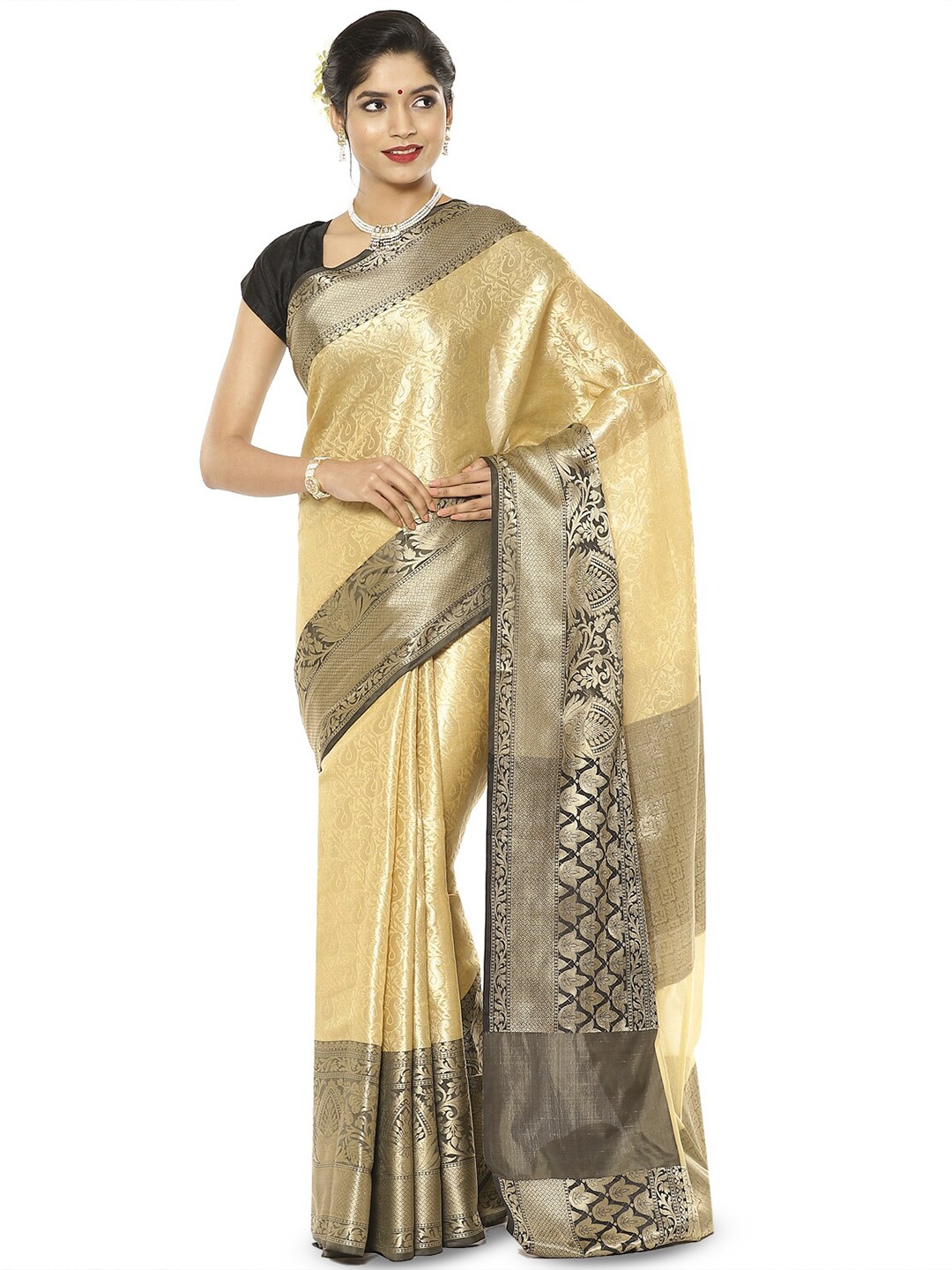 

PTIEPL Banarasi Silk Works Ethnic Motifs Woven Design Zari Kanjeevaram Saree, Beige