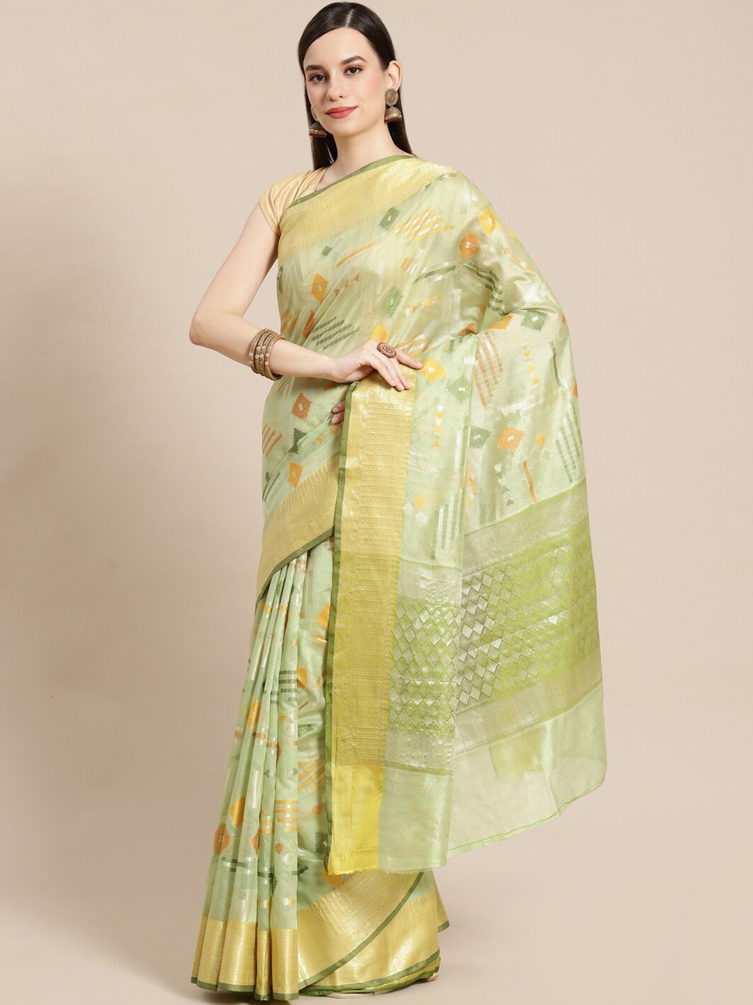 

PTIEPL Banarasi Silk Works Geometric Woven Design Zari Banarasi Saree, Green