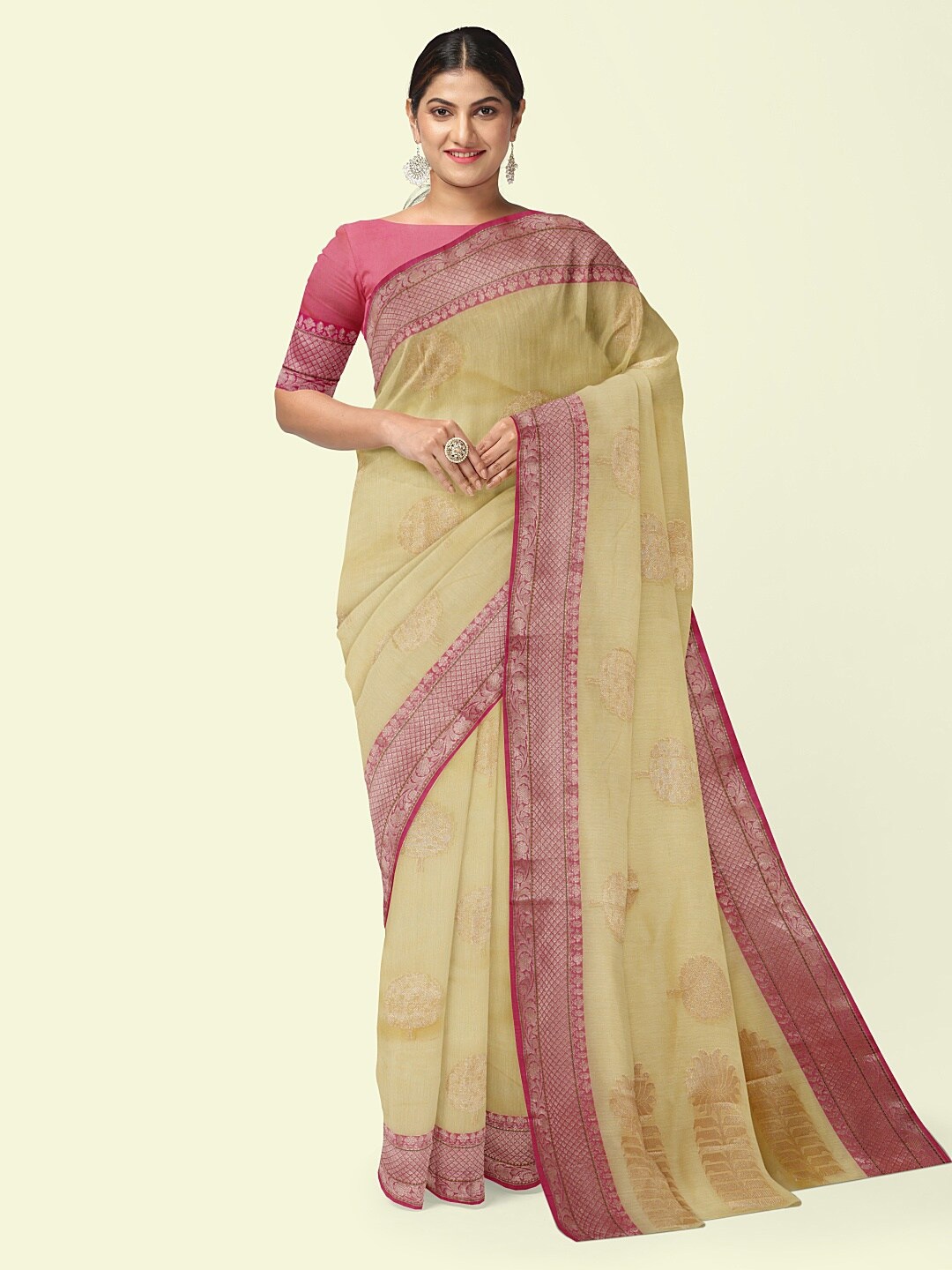 PTIEPL Banarasi Silk Works Floral Woven Design Organza Zari Banarasi Saree, Gold