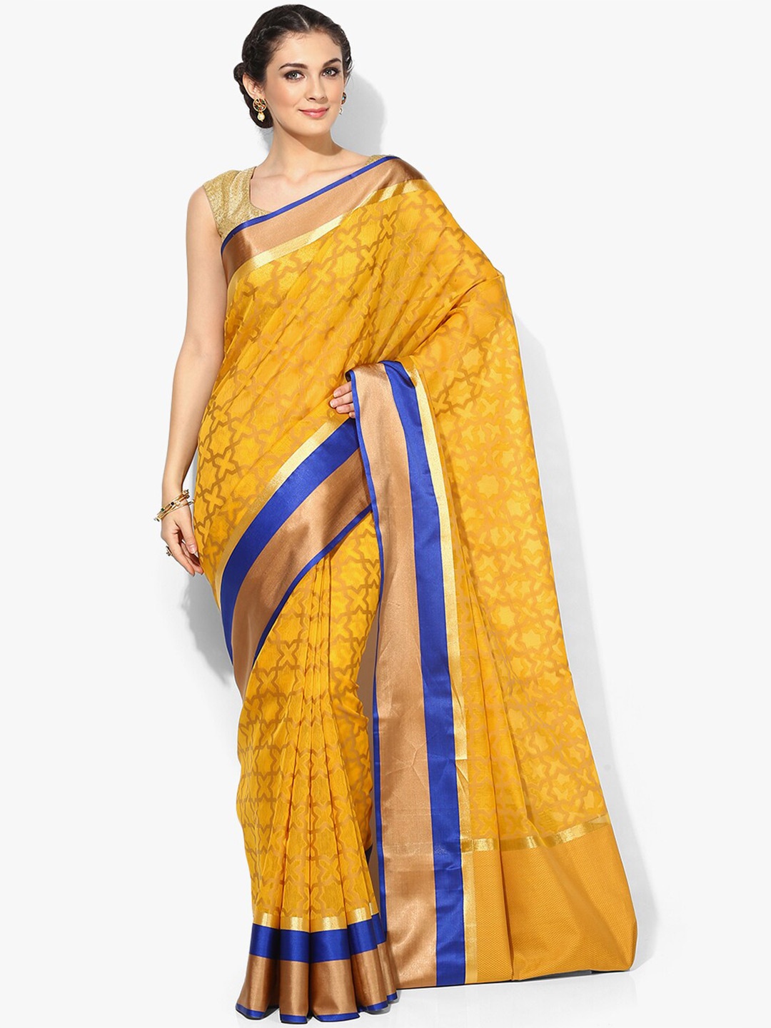 

PTIEPL Banarasi Silk Works Geometric Woven Design Zari Banarasi Saree, Yellow