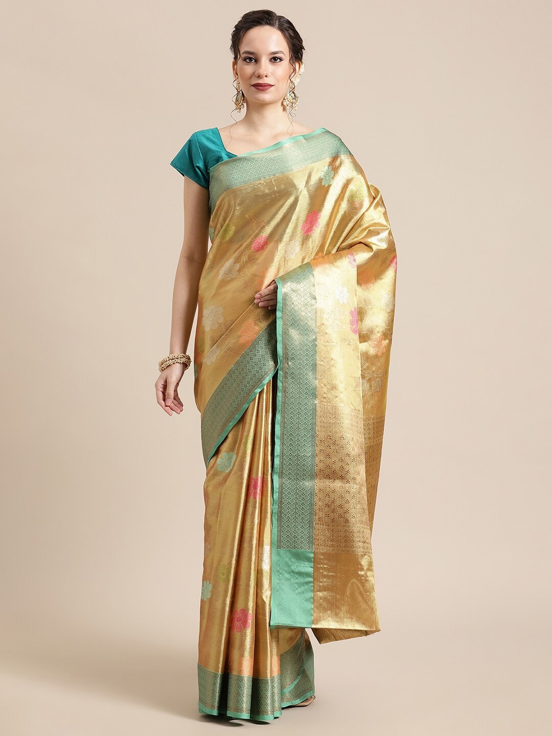 

PTIEPL Banarasi Silk Works Floral Woven Design Zari Ikat Saree, Gold