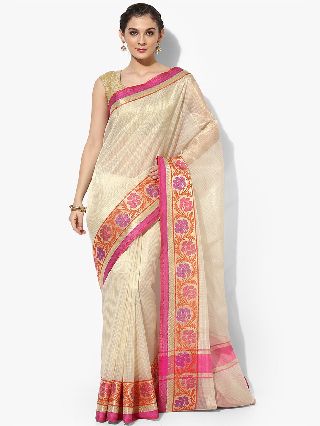

PTIEPL Banarasi Silk Works Floral Woven Design Zari Banarasi Saree, Beige