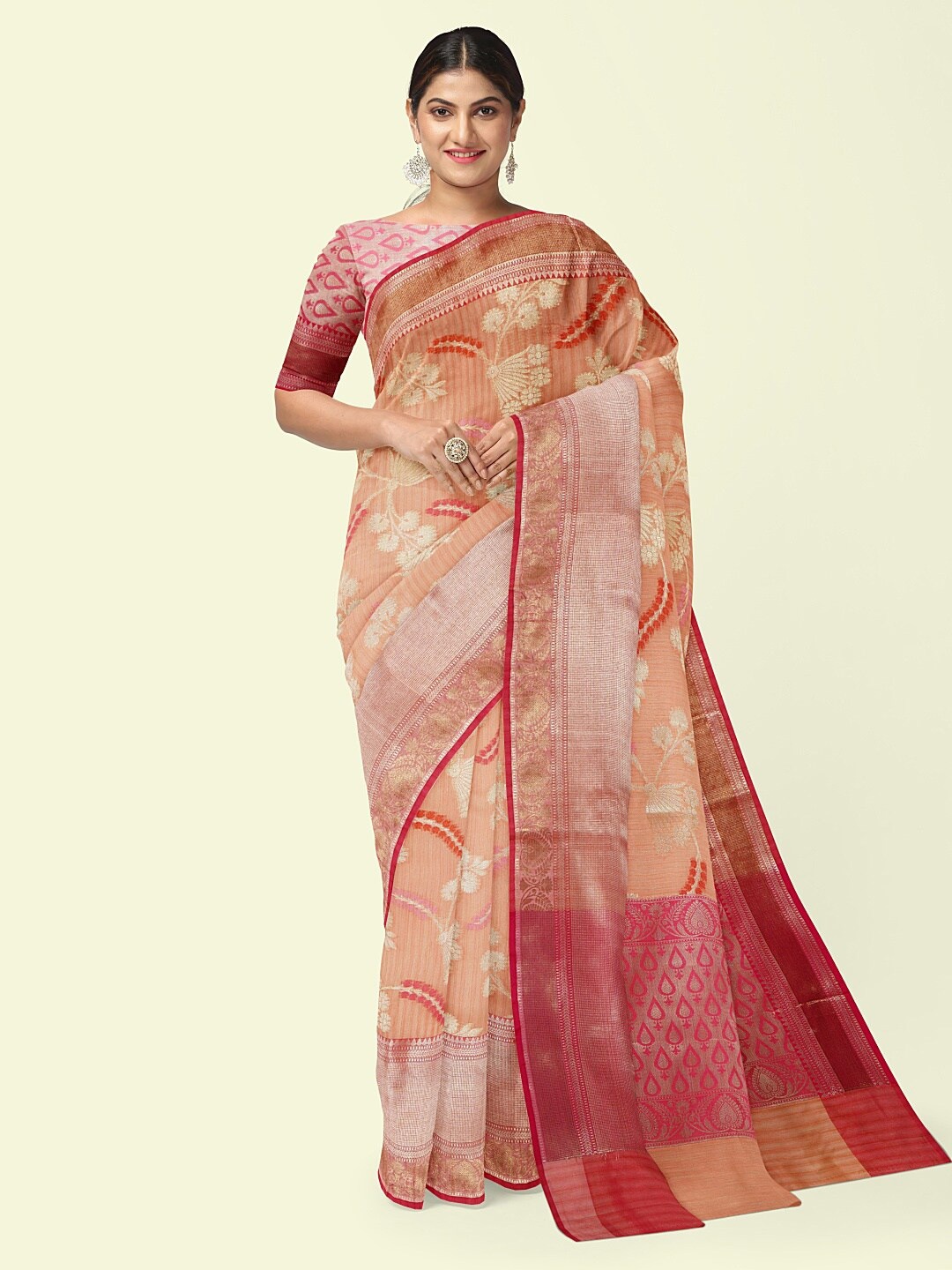 

PTIEPL Banarasi Silk Works Floral Woven Design Zari Banarasi Saree, Peach