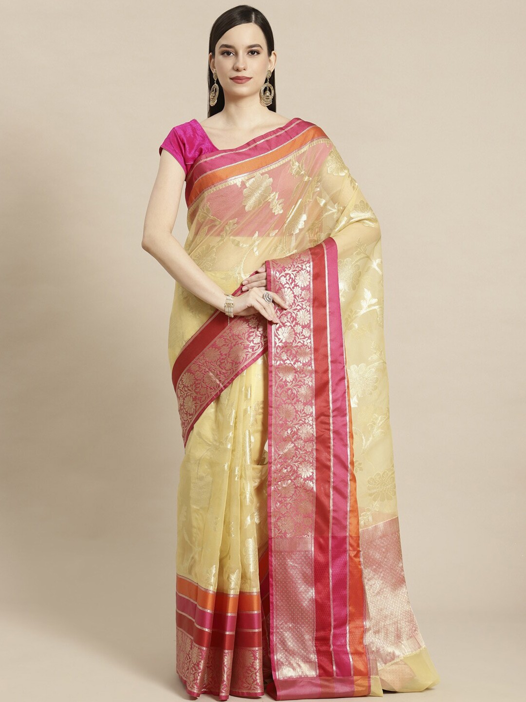 

PTIEPL Banarasi Silk Works Floral Zari Woven Design Organza Banarasi Saree, Beige