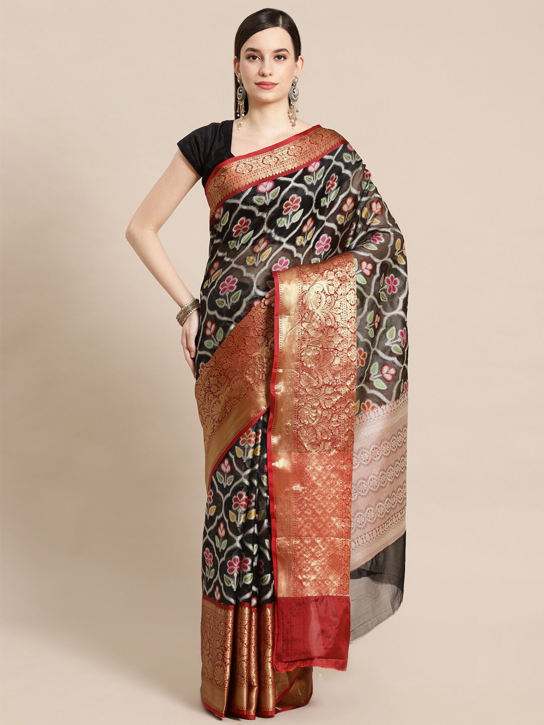 

PTIEPL Banarasi Silk Works Floral Woven Design Zari Ikat Saree, Black