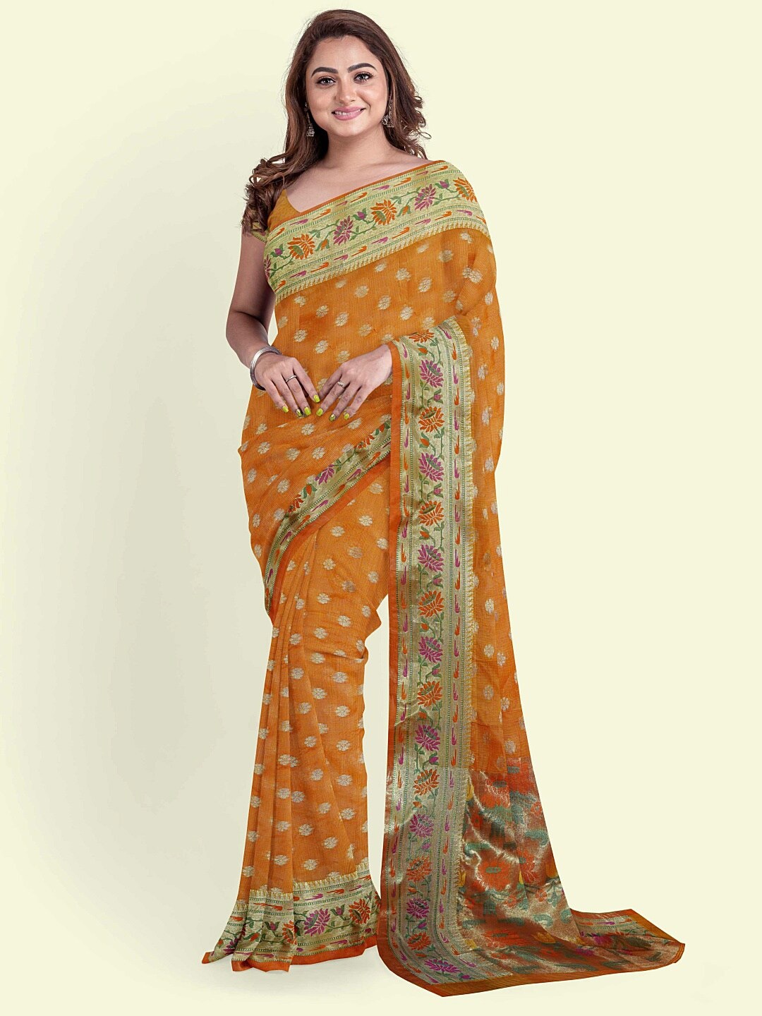 

PTIEPL Banarasi Silk Works Ethnic Motifs Woven Design Zari Banarasi Saree, Orange