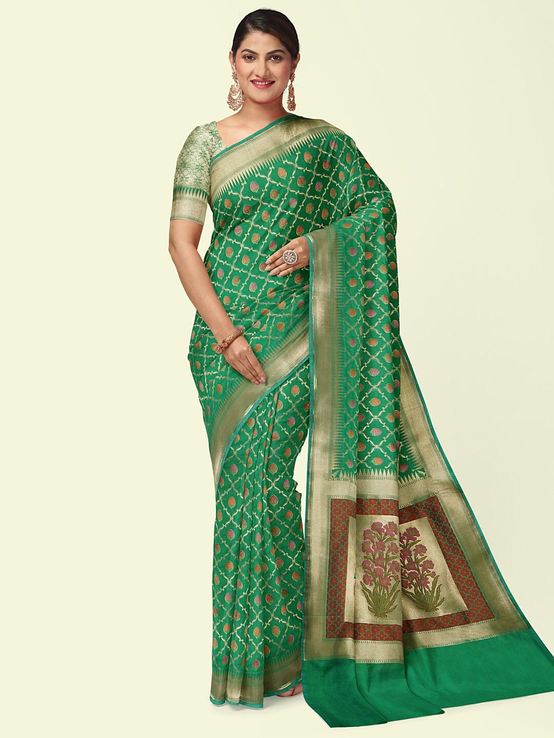 

PTIEPL Banarasi Silk Works Floral Woven Design Zari Banarasi Saree, Green