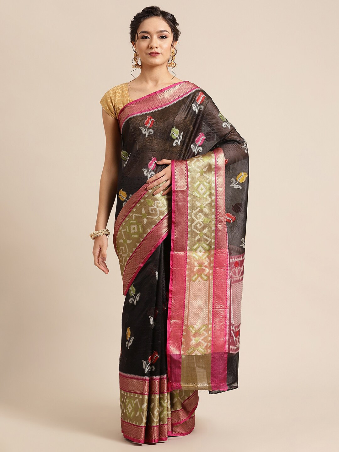 

PTIEPL Banarasi Silk Works Floral Woven Design Zari Ikat Saree, Black