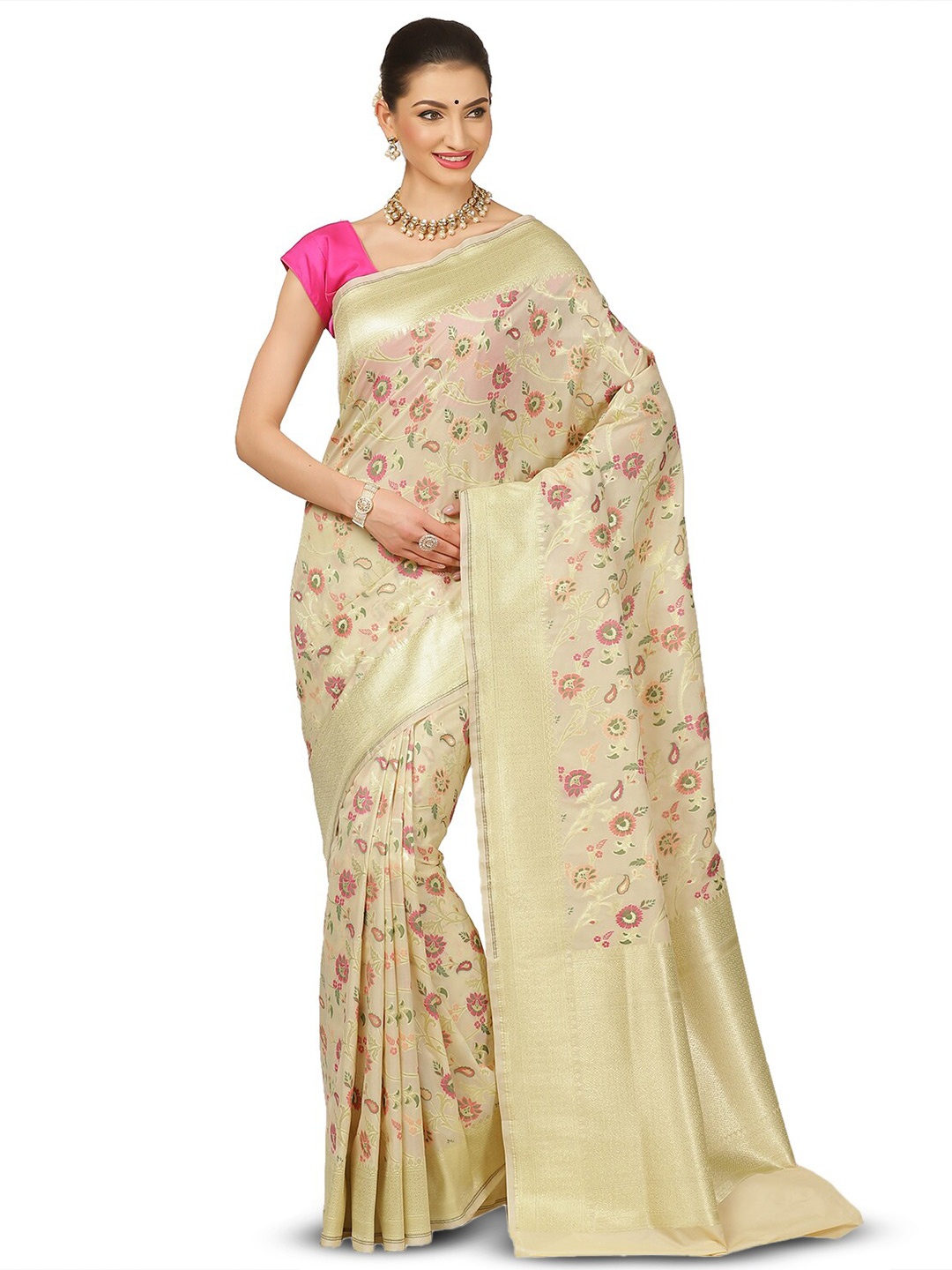 

PTIEPL Banarasi Silk Works Floral Woven Design Zari Banarasi Saree, Beige