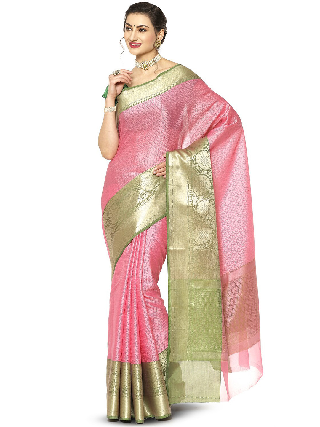 

PTIEPL Banarasi Silk Works Floral Woven Design Zari Banarasi Saree, Pink