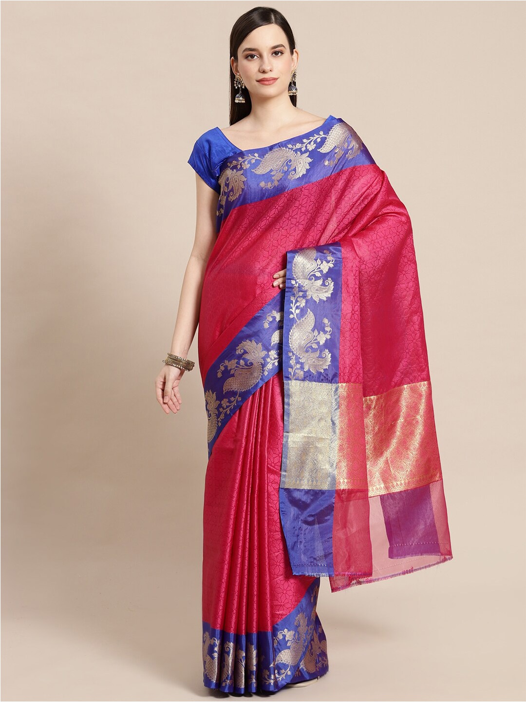 

PTIEPL Banarasi Silk Works Floral Woven Design Zari Banarasi Saree, Pink