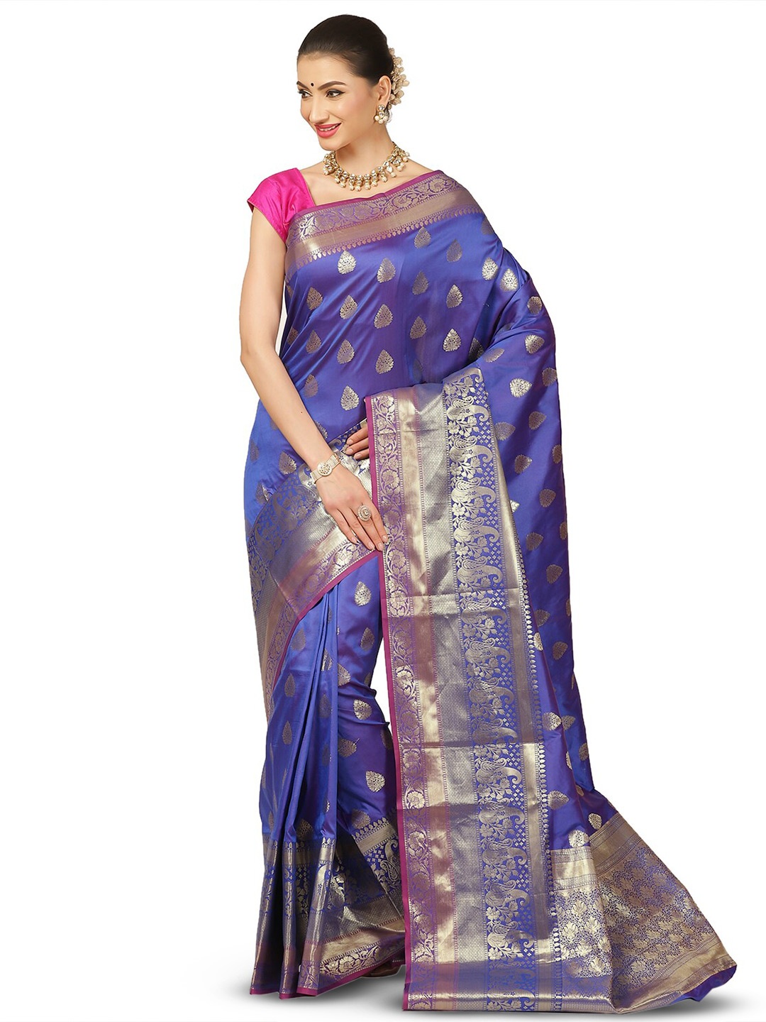 

PTIEPL Banarasi Silk Works Ethnic Motifs Woven Design Zari Banarasi Saree, Blue