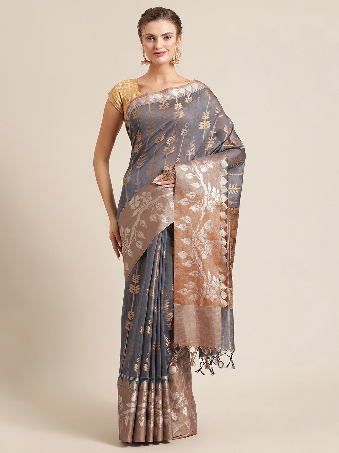 

PTIEPL Banarasi Silk Works Floral Woven Design Zari Banarasi Saree, Grey
