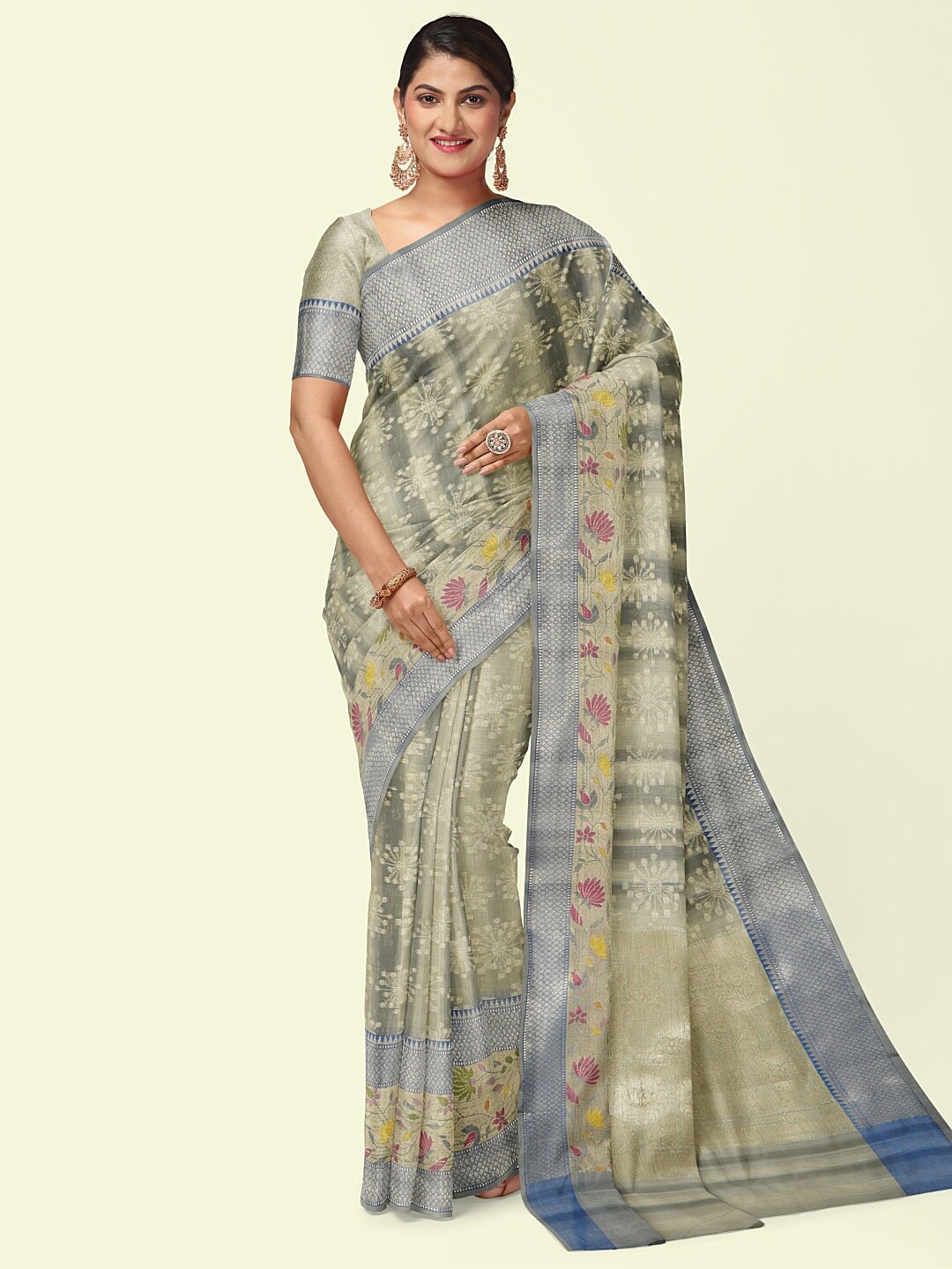 

PTIEPL Banarasi Silk Works Floral Woven Design Zari Banarasi Saree, Grey