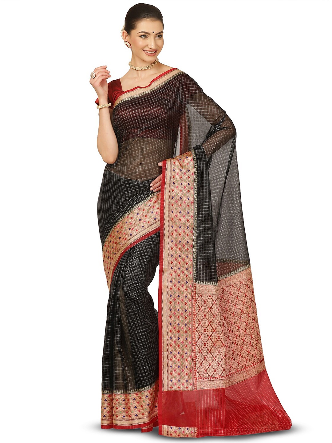 

PTIEPL Banarasi Silk Works Checked Woven Design Organza Zari Banarasi Saree, Black