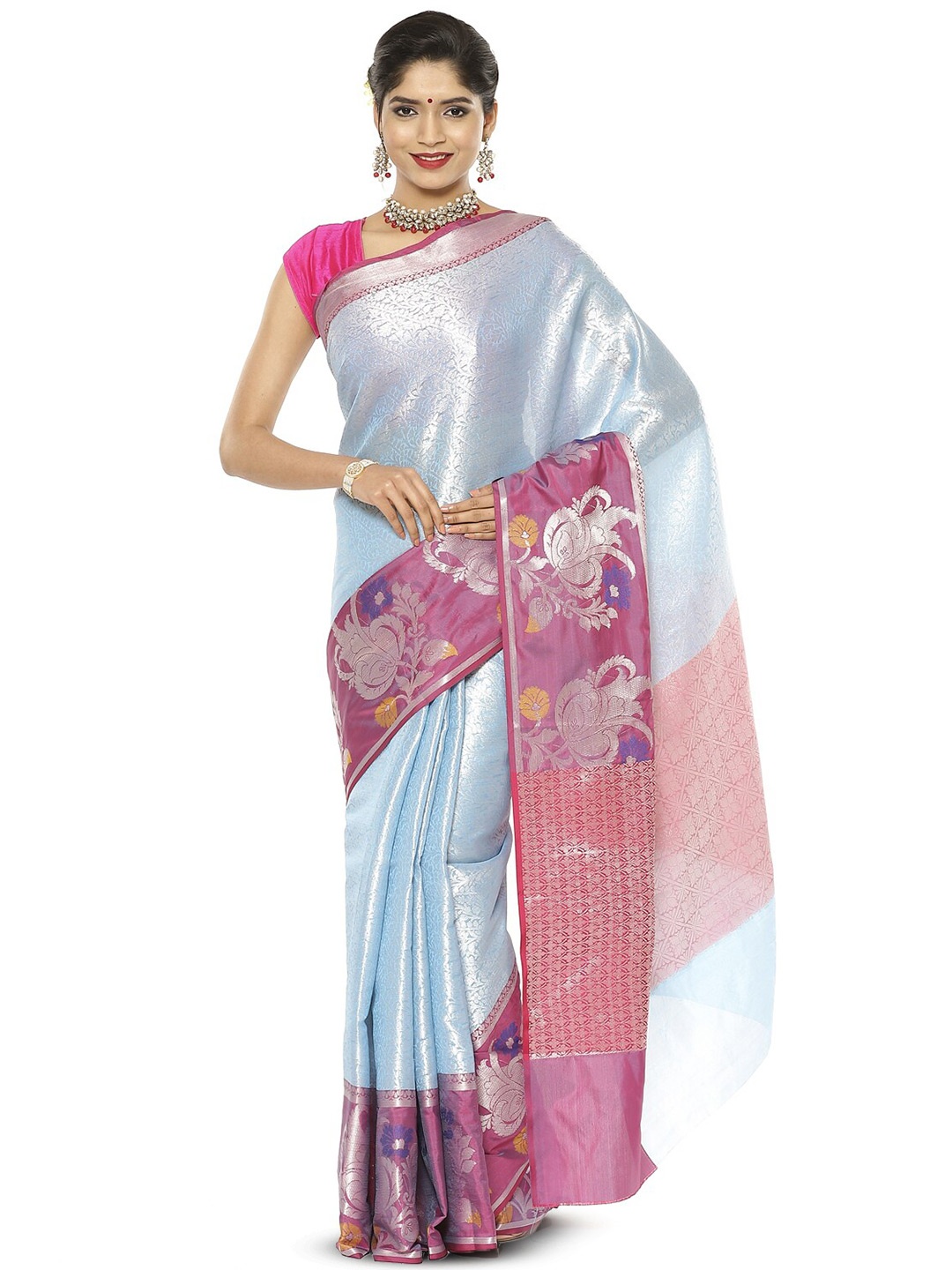 

PTIEPL Banarasi Silk Works Floral Zari Kanjeevaram Saree, Blue