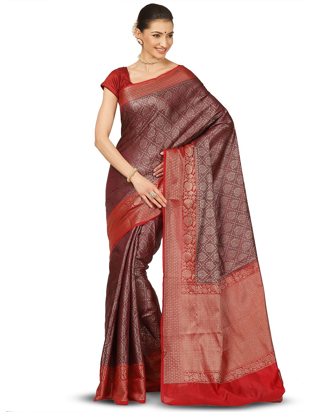 PTIEPL Banarasi Silk Works Ethnic Motifs Woven Design Zari Banarasi Saree, Brown