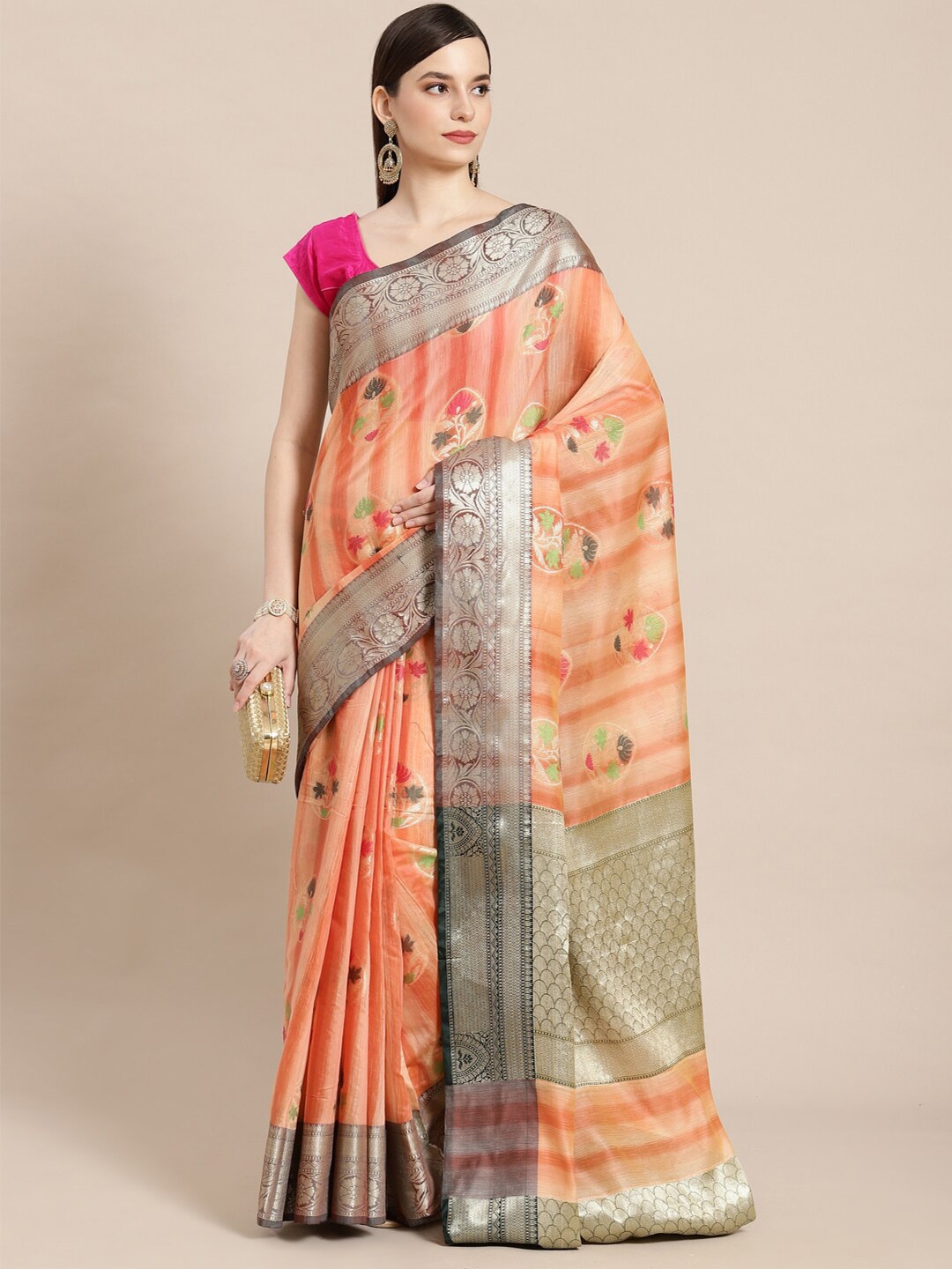 

PTIEPL Banarasi Silk Works Floral Woven Design Zari Banarasi Saree, Peach