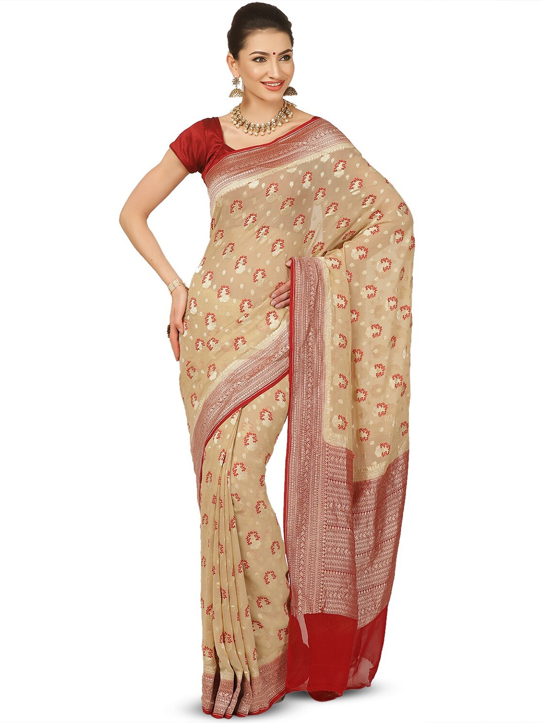 

PTIEPL Banarasi Silk Works Floral Woven Design Pure Georgette Zari Banarasi Saree, Beige