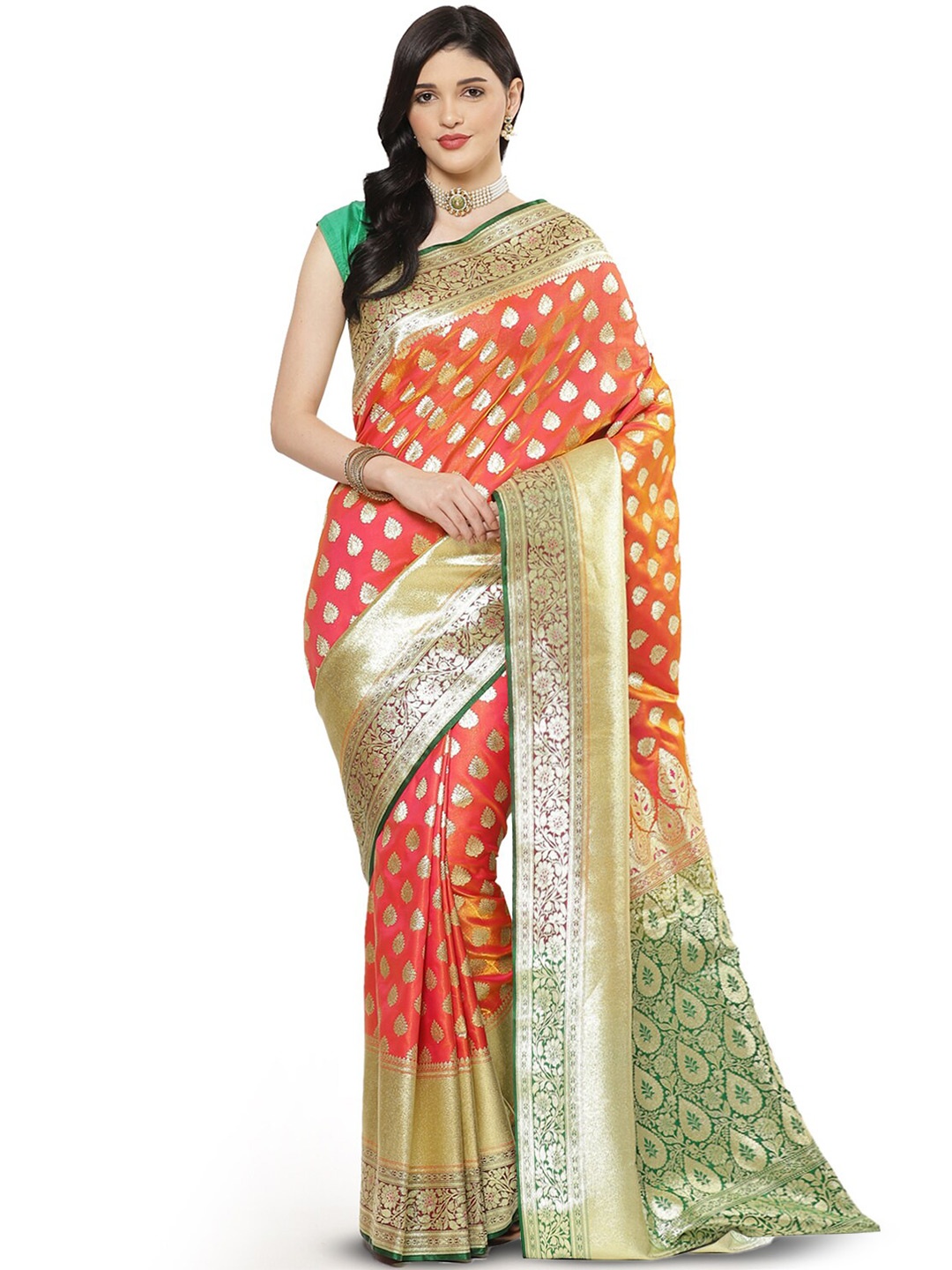 

PTIEPL Banarasi Silk Works Floral Woven Design Satin Zari Banarasi Saree, Orange