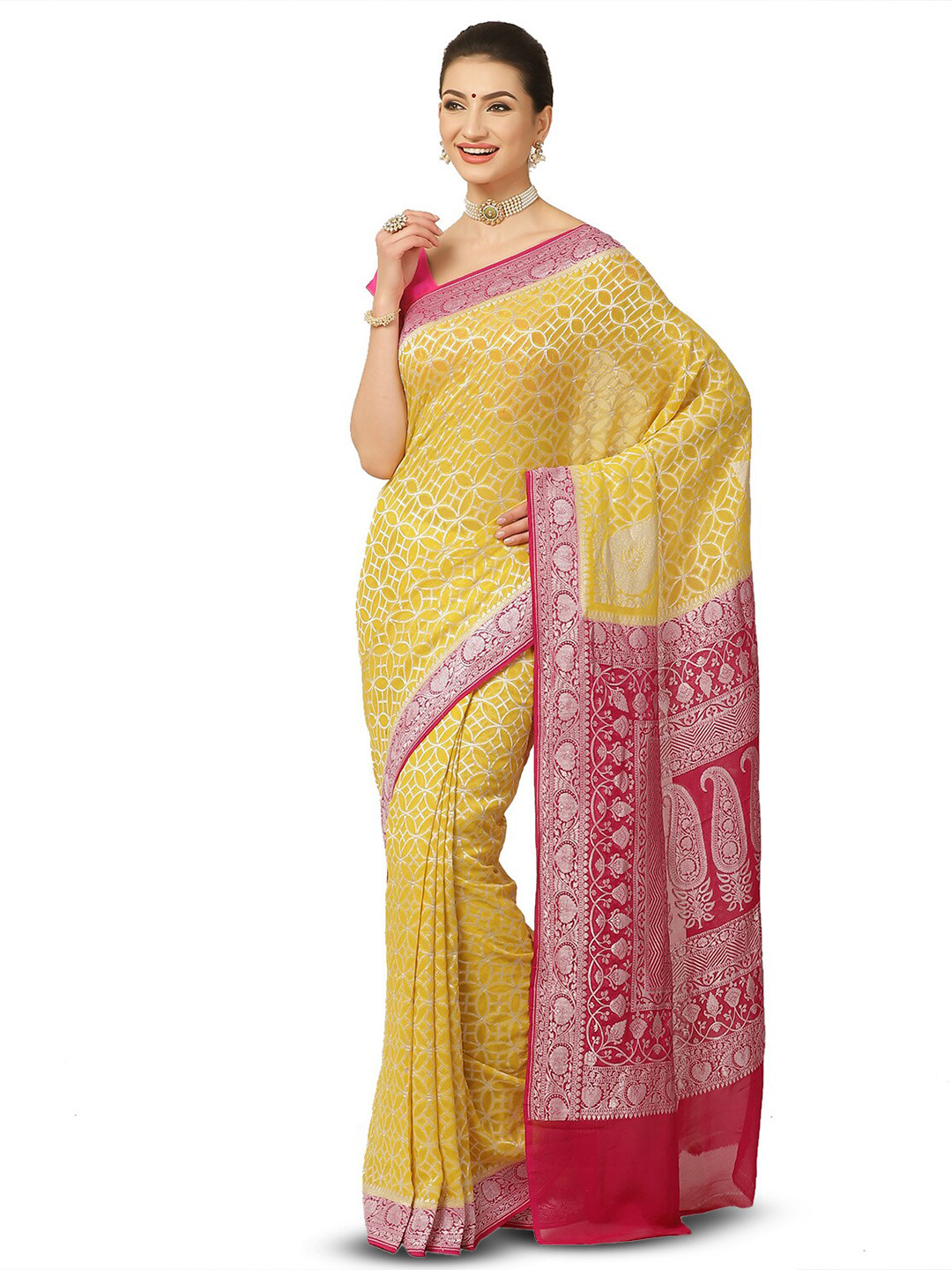 

PTIEPL Banarasi Silk Works Ethnic Motifs Woven Design Pure Georgette Zari Banarasi Saree, Yellow