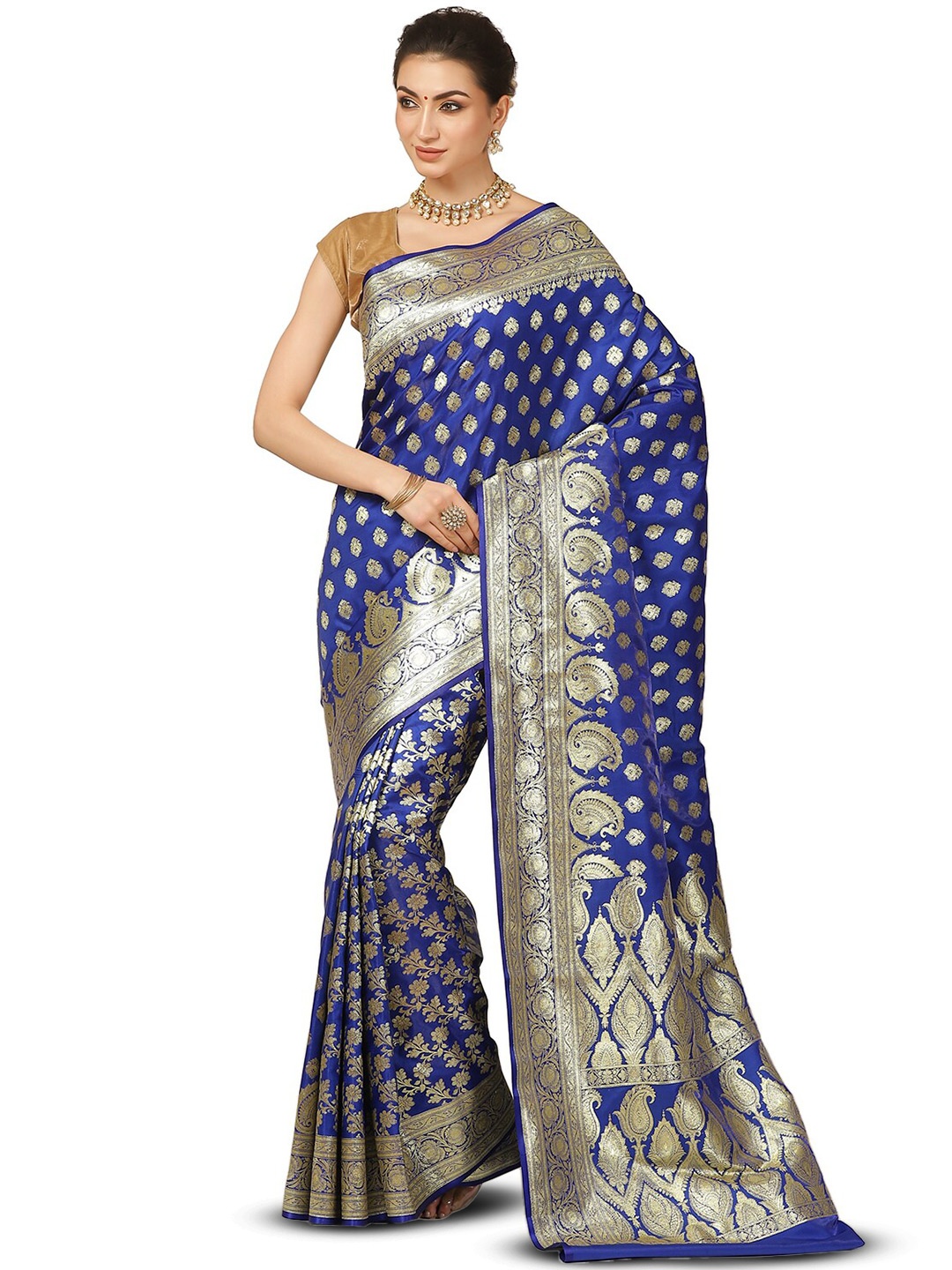 PTIEPL Banarasi Silk Works Ethnic Motifs Woven Design Satin Zari Banarasi Saree, Blue