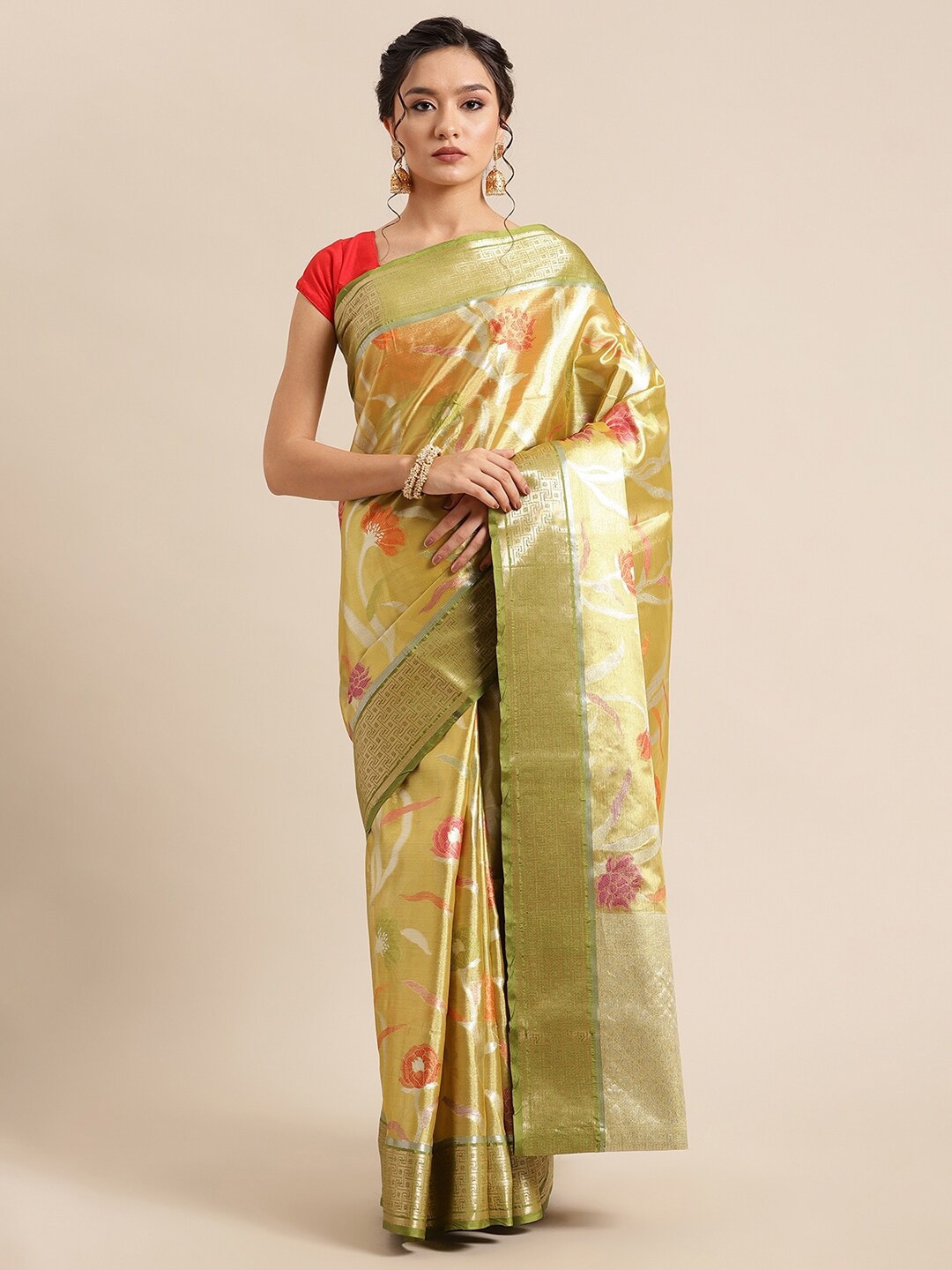

PTIEPL Banarasi Silk Works Floral Woven Design Zari Tissue Saree, Gold