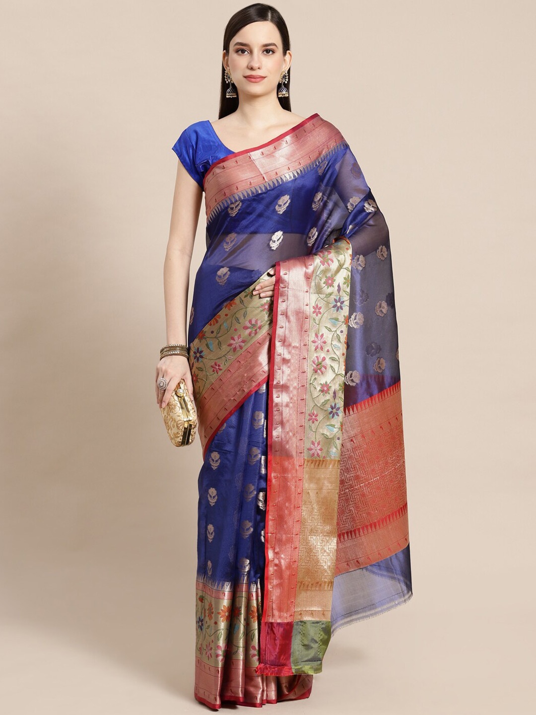 

PTIEPL Banarasi Silk Works Floral Woven Design Zari Art Silk Saree, Blue