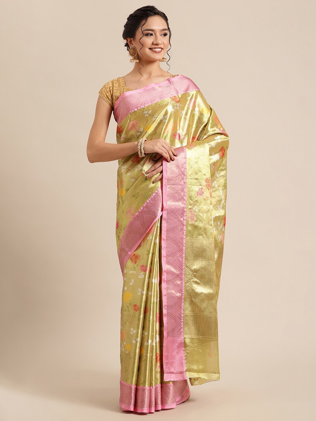 PTIEPL Banarasi Silk Works Floral Zari Tissue Saree, Green