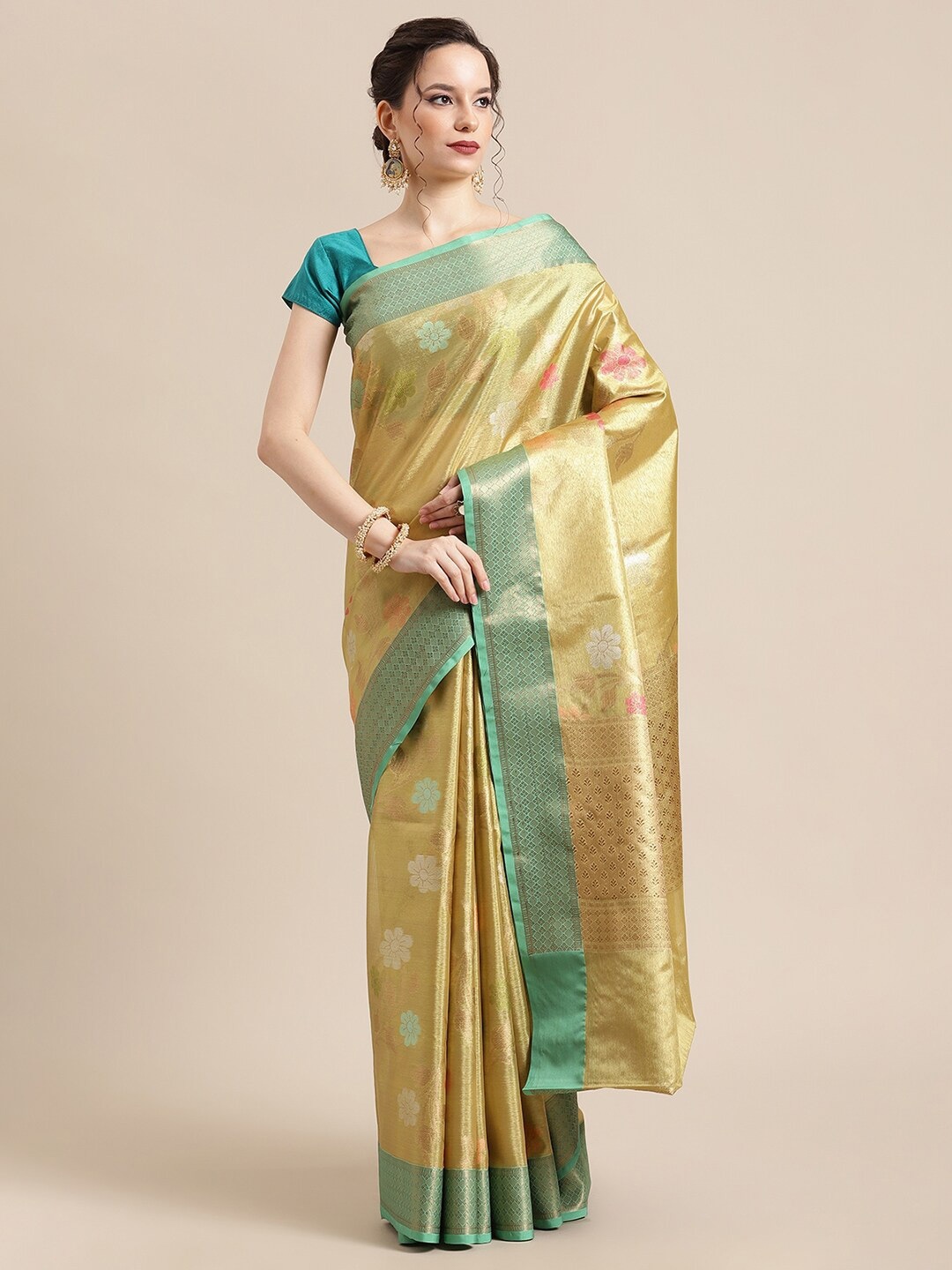 

PTIEPL Banarasi Silk Works Woven Design Zari Tissue Saree, Gold