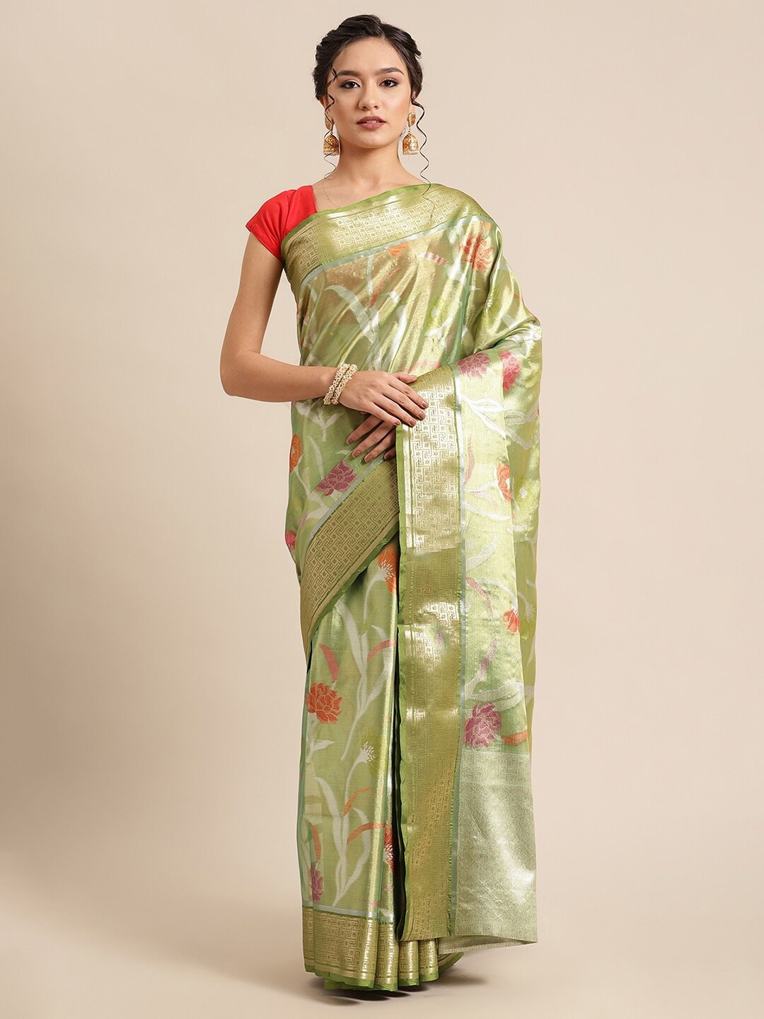 

PTIEPL Banarasi Silk Works Floral Zari Art Silk Saree, Green