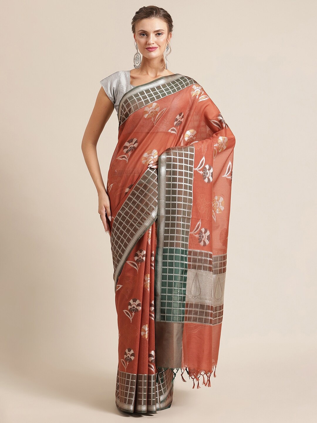 

PTIEPL Banarasi Silk Works Woven Design Zari Silk Cotton Saree, Rust
