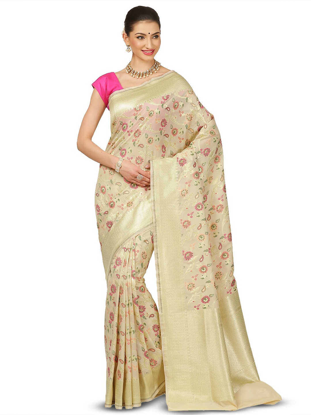 

PTIEPL Banarasi Silk Works Floral Woven Design Zari Silk Saree, Beige