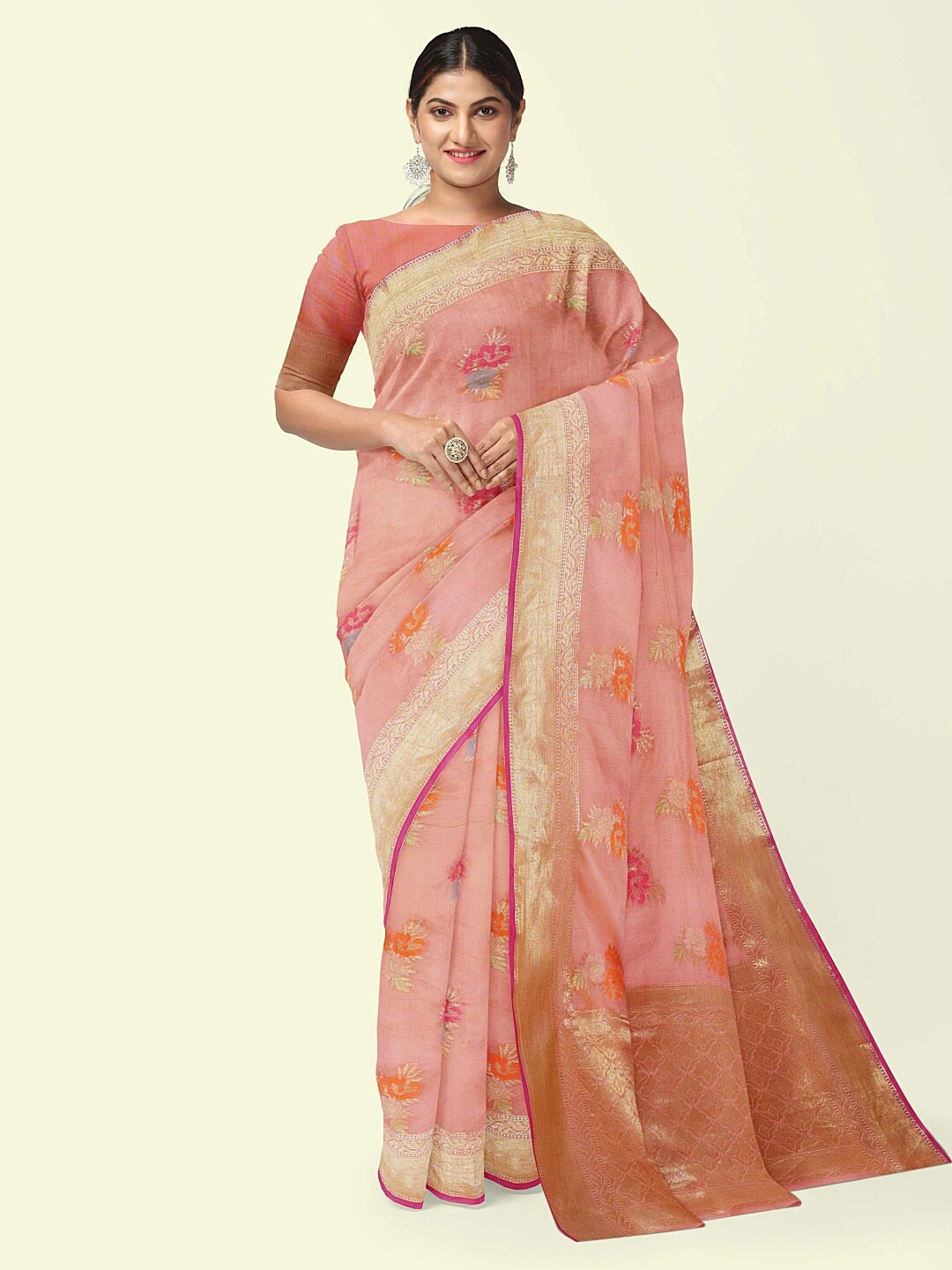 

PTIEPL Banarasi Silk Works Floral Zari Banarasi Saree, Pink