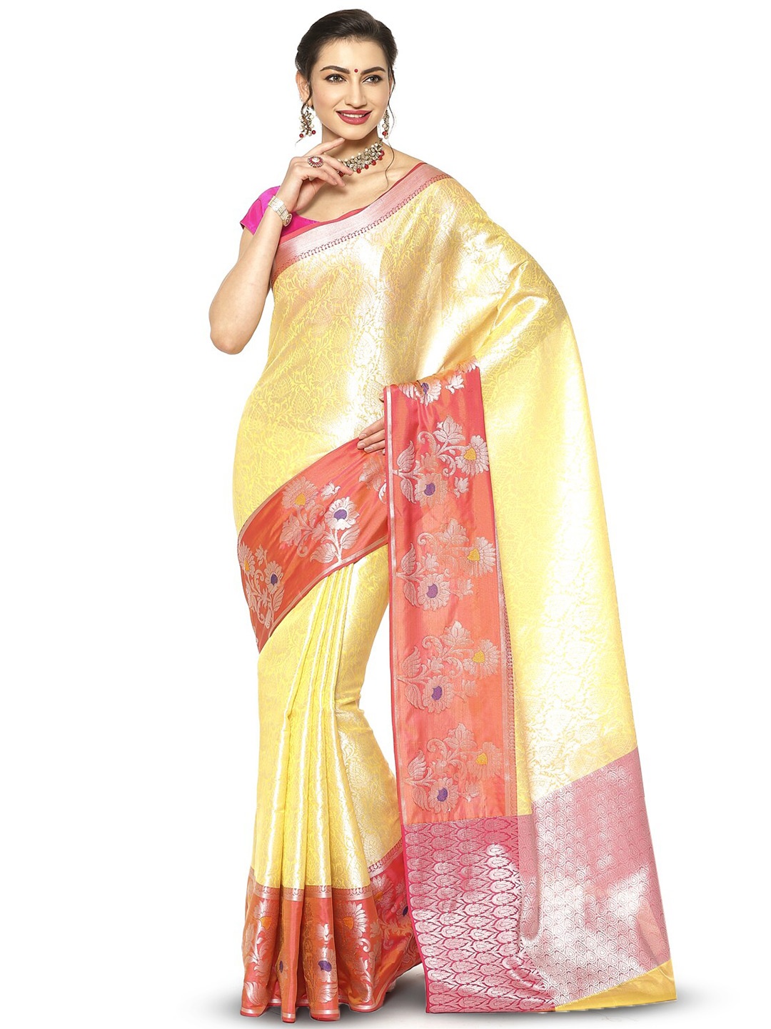

PTIEPL Banarasi Silk Works Floral Zari Silk Kanjeevaram Saree, Gold