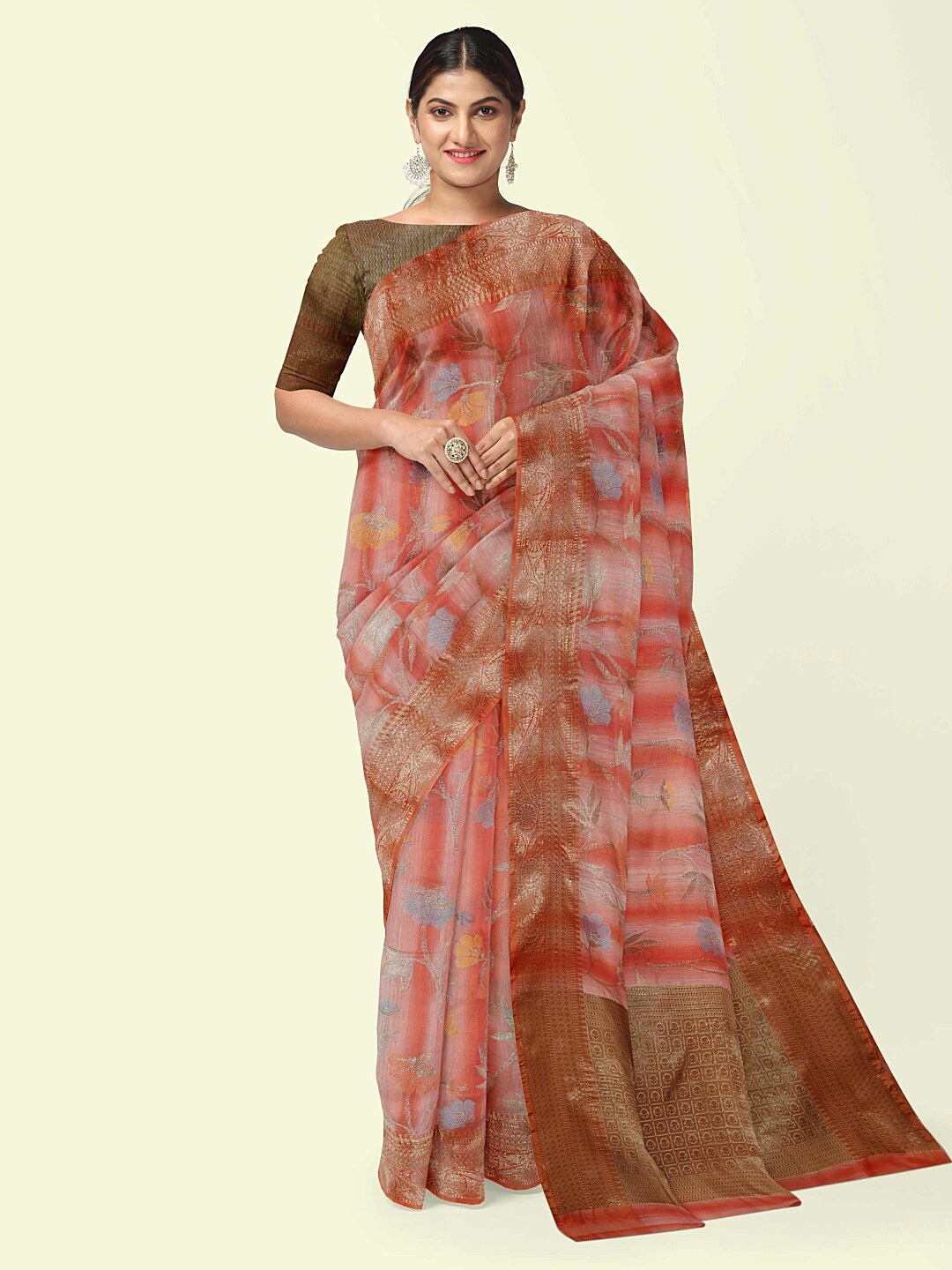 

PTIEPL Banarasi Silk Works Floral Zari Silk Banarasi Saree, Peach