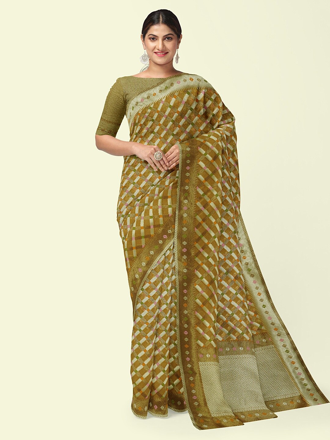 

PTIEPL Banarasi Silk Works ]Ethnic Motifs Zari Saree, Green