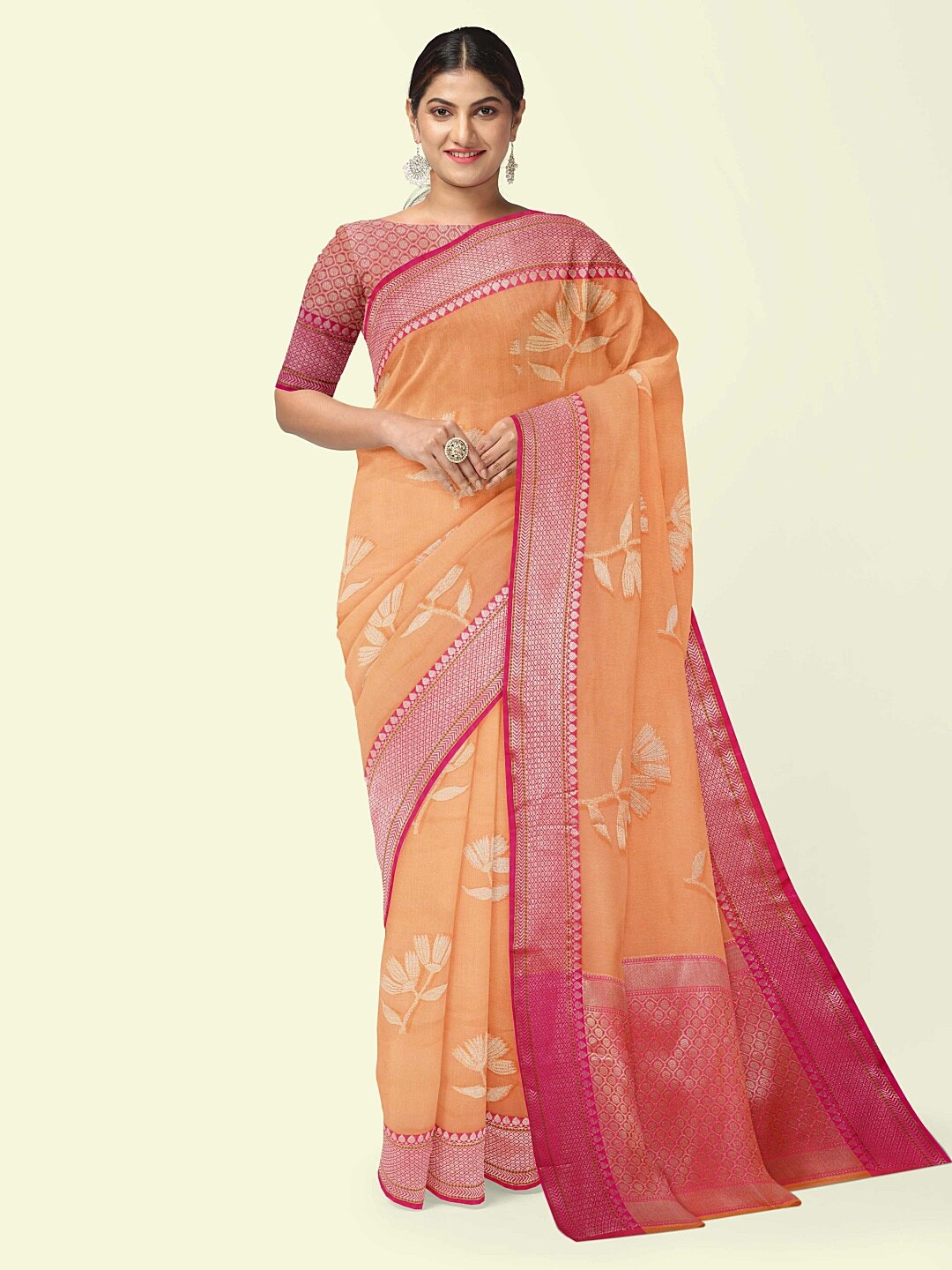 

PTIEPL Banarasi Silk Works Floral Zari Banarasi Saree, Orange