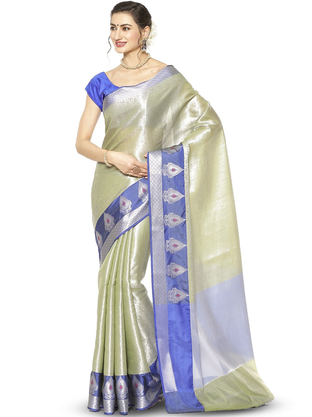 

PTIEPL Banarasi Silk Works Floral Zari Silk Kanjeevaram Saree, Green