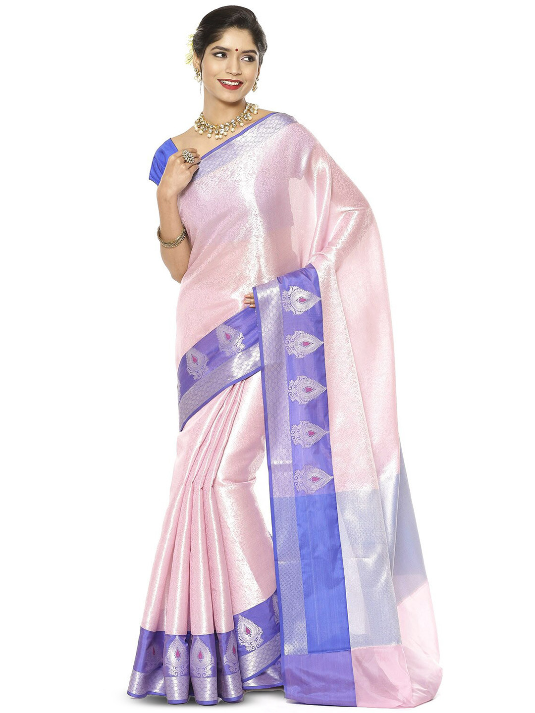 

PTIEPL Banarasi Silk Works Floral Zari Kanjeevaram Saree, Pink