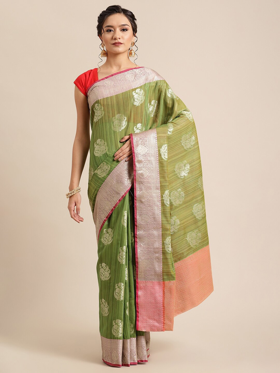 

PTIEPL Banarasi Silk Works Floral Zari Silk Banarasi Saree, Green
