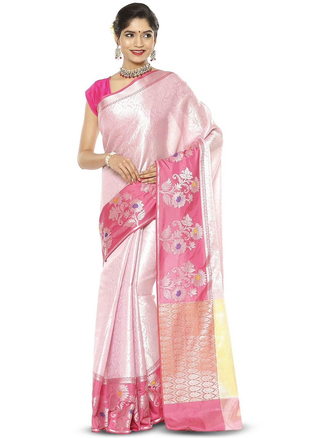 

PTIEPL Banarasi Silk Works Woven Design Zari Silk Kanjeevaram Saree, Pink