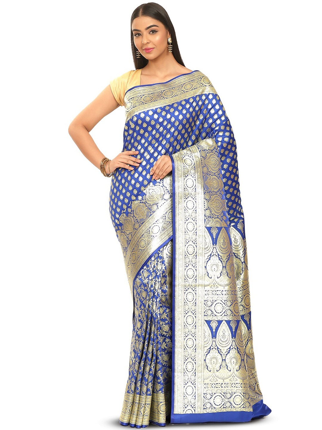 PTIEPL Banarasi Silk Works Floral Zari Satin Banarasi Saree, Blue