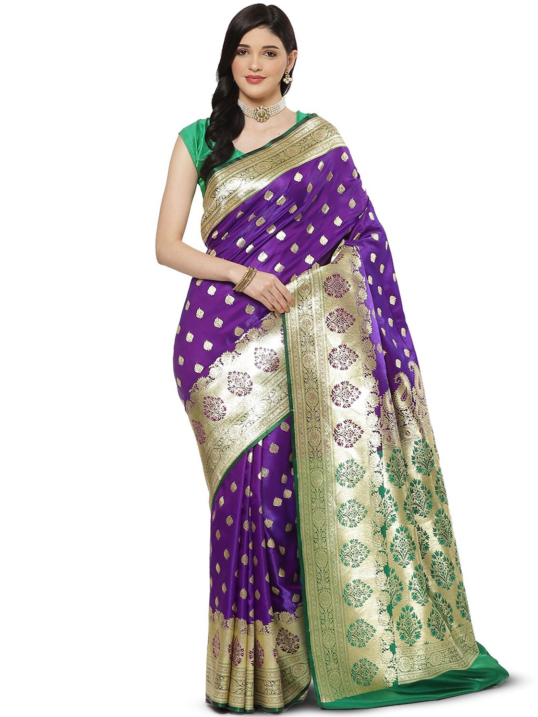 

PTIEPL Banarasi Silk Works Floral Zari Satin Saree, Purple