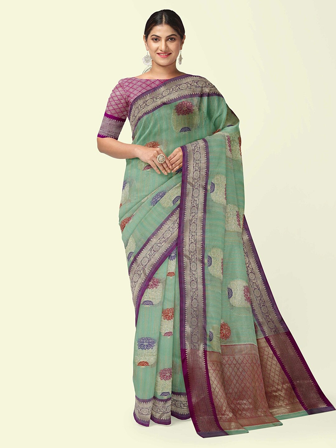 

PTIEPL Banarasi Silk Works Woven Design Zari Silk Banarasi Saree, Sea green