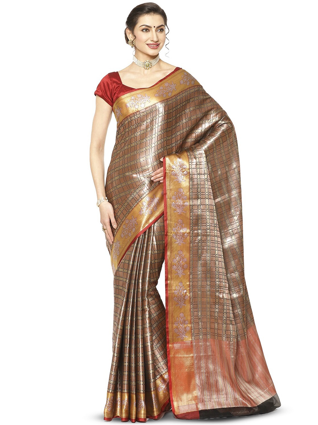 PTIEPL Banarasi Silk Works Floral Zari Silk Kanjeevaram Saree, Brown