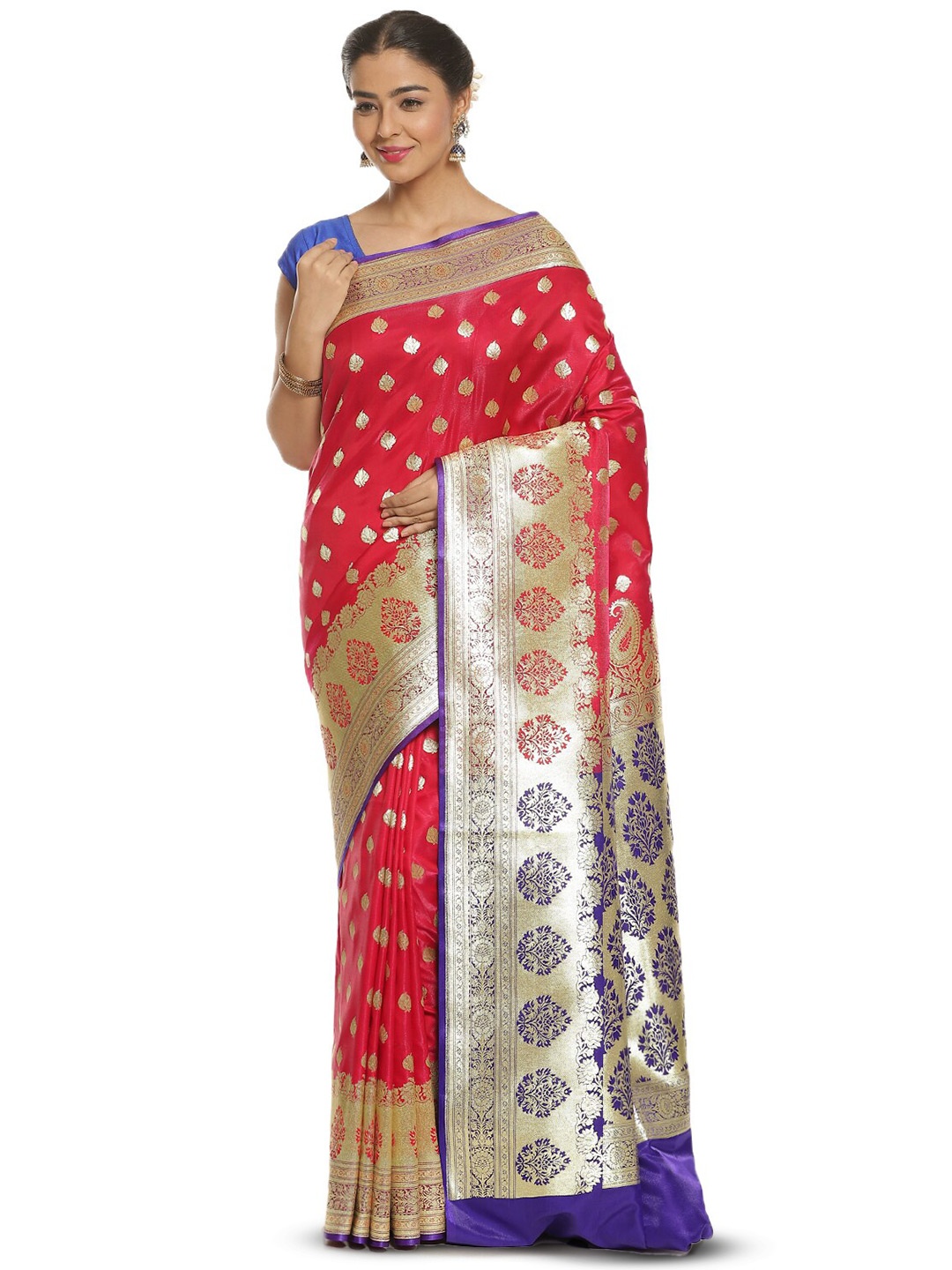 

PTIEPL Banarasi Silk Works Floral Zari Satin Banarasi Saree, Pink
